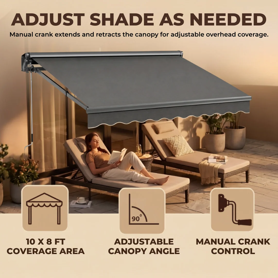 10x8 ft Manual Retractable Patio Awning with Adjustable Crank