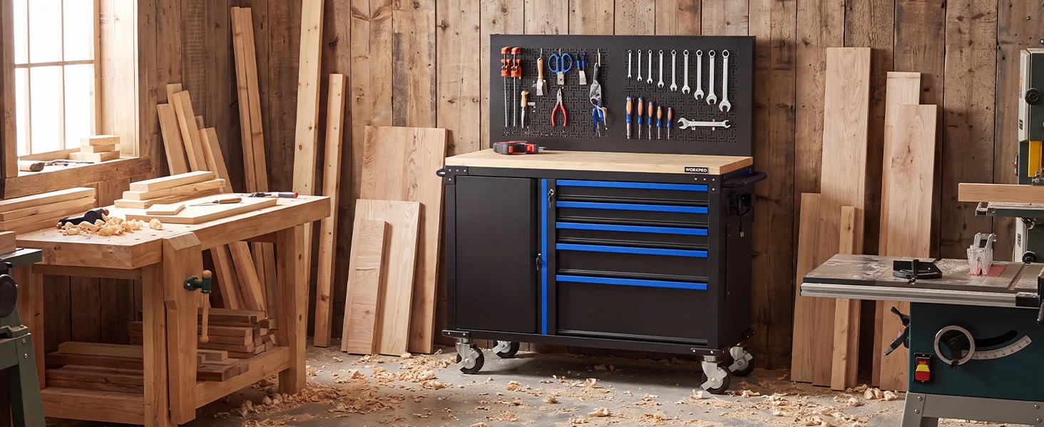 Woodworking workshop with a tool cart and pegboard, showing innovation, quality, and durable, secure organization