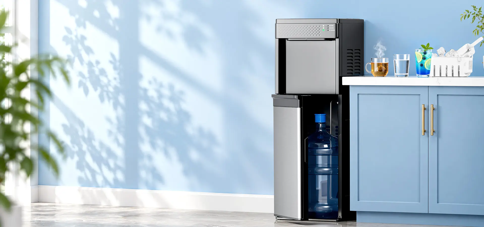 4-in-1 bottom-loading water dispenser beside hot water, room-temperature water, a cold drink and bullet ice