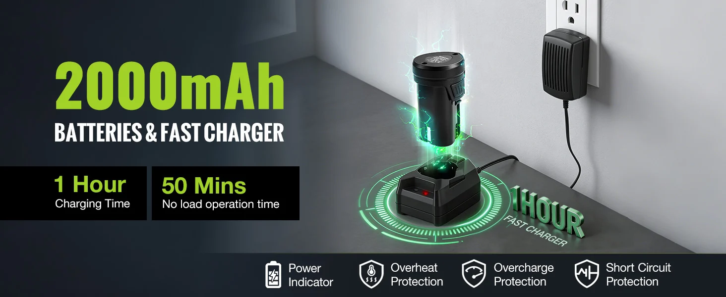 Battery charger with green charging light, power and overheat indicators, plugged into a wall outlet for secure charging