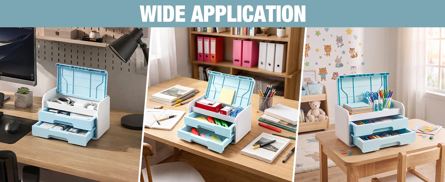 Wide application of a desk organizer with blue trays, showing innovation, quality, and durable storage for documents