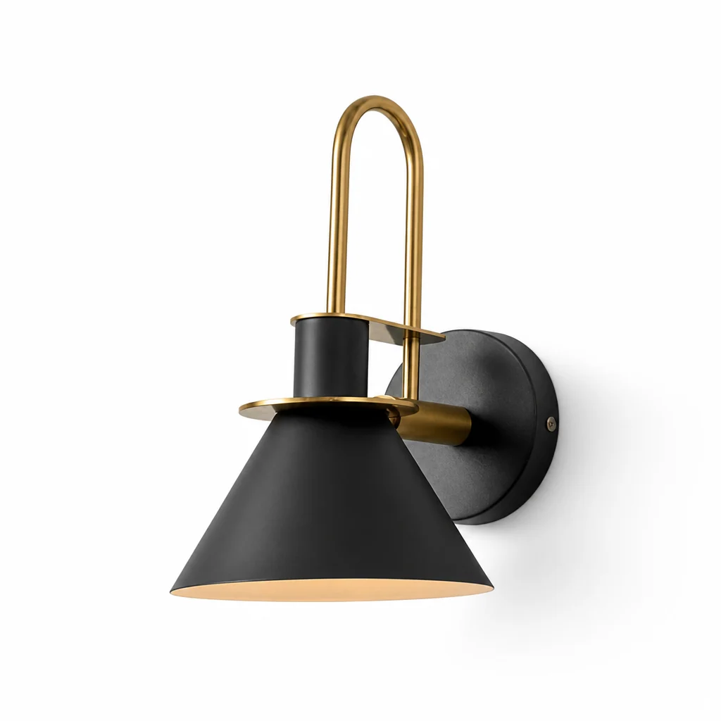Wall Lamp Conical Metal Shade Curved Gold Arm - Image 2