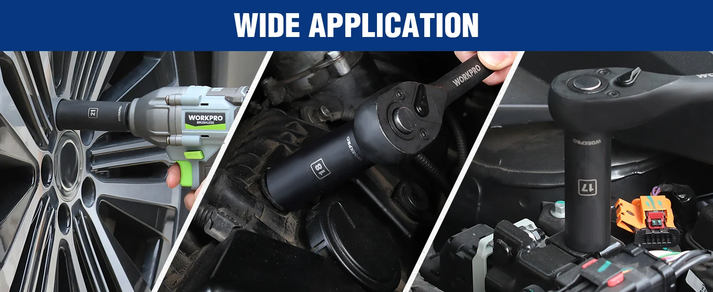 Power tools shown in a car engine bay and wheel area, with innovation and quality for secure durable use