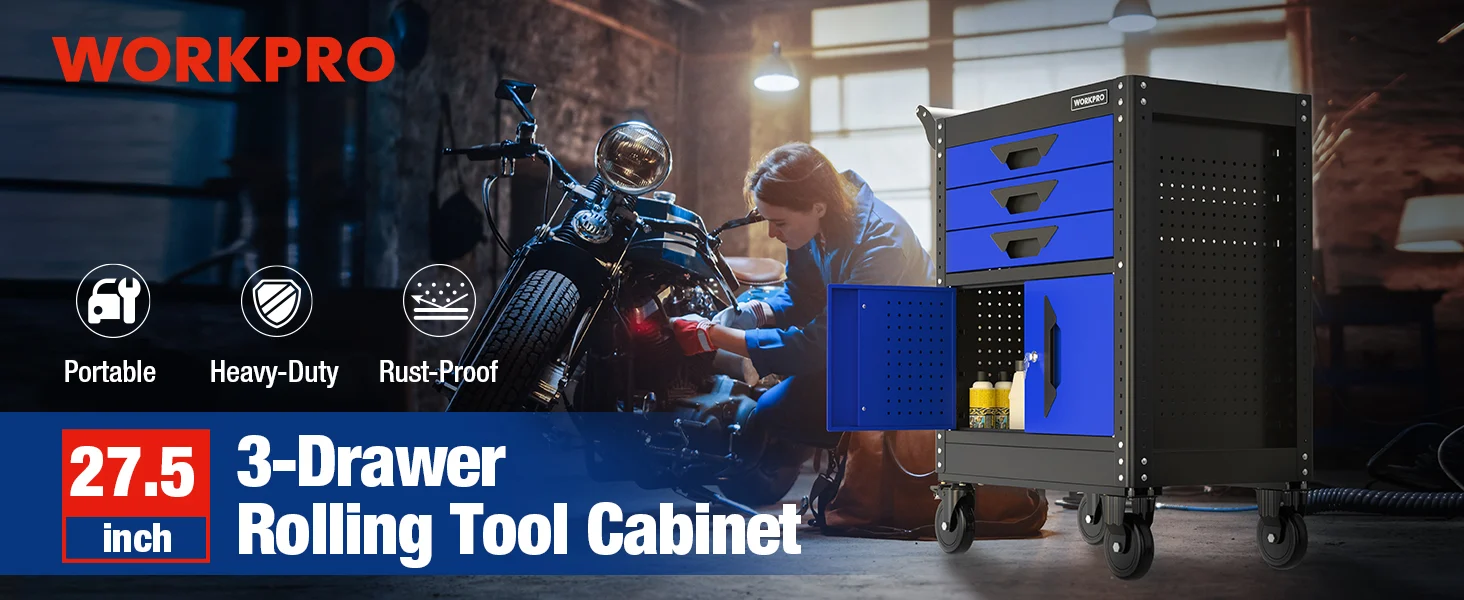 Workshop scene with a technician and a blue 3 drawer rolling tool cabinet, showing innovation and quality
