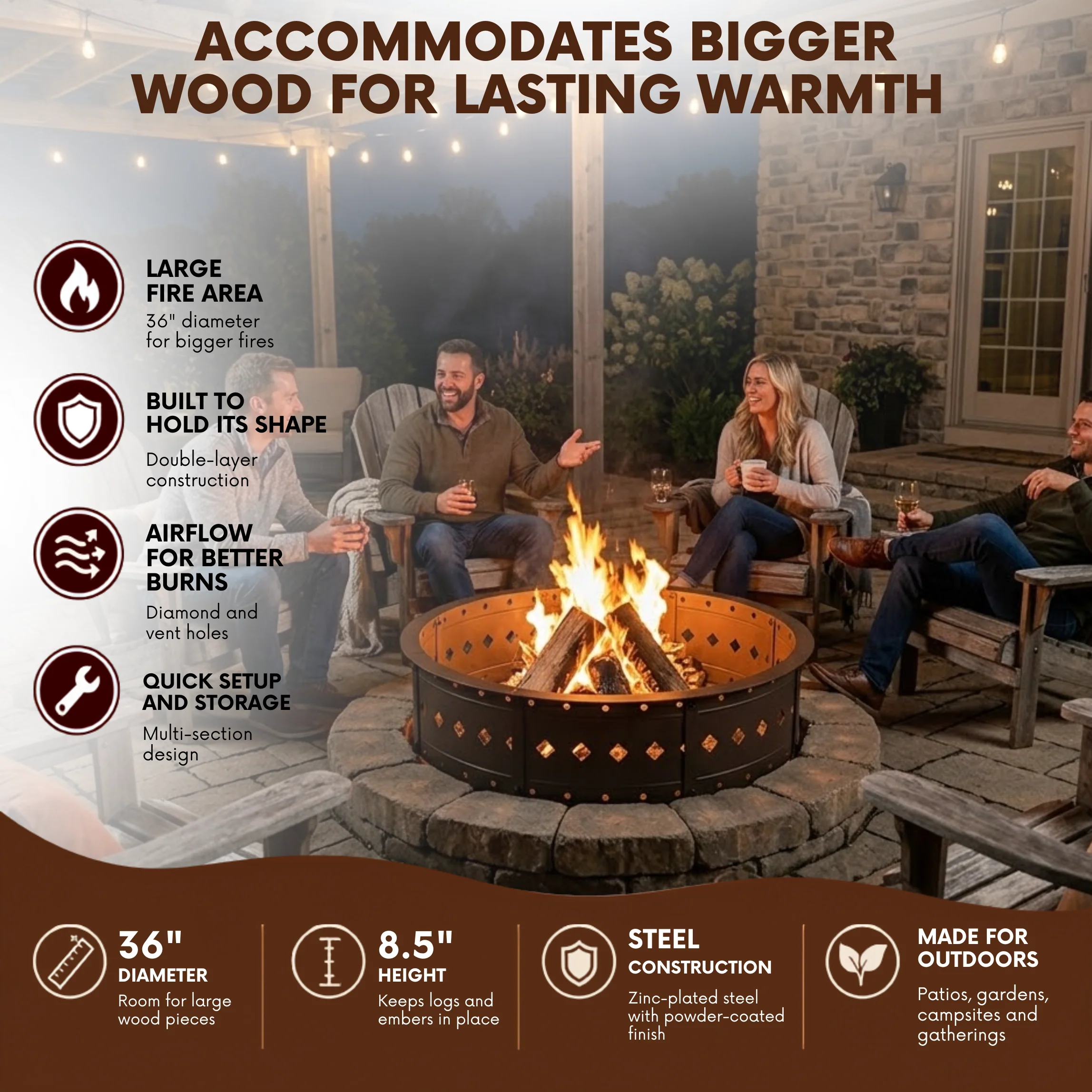 36 Inches Fire Pit Ring Steel Outdoor Wood Burning Fire Ring