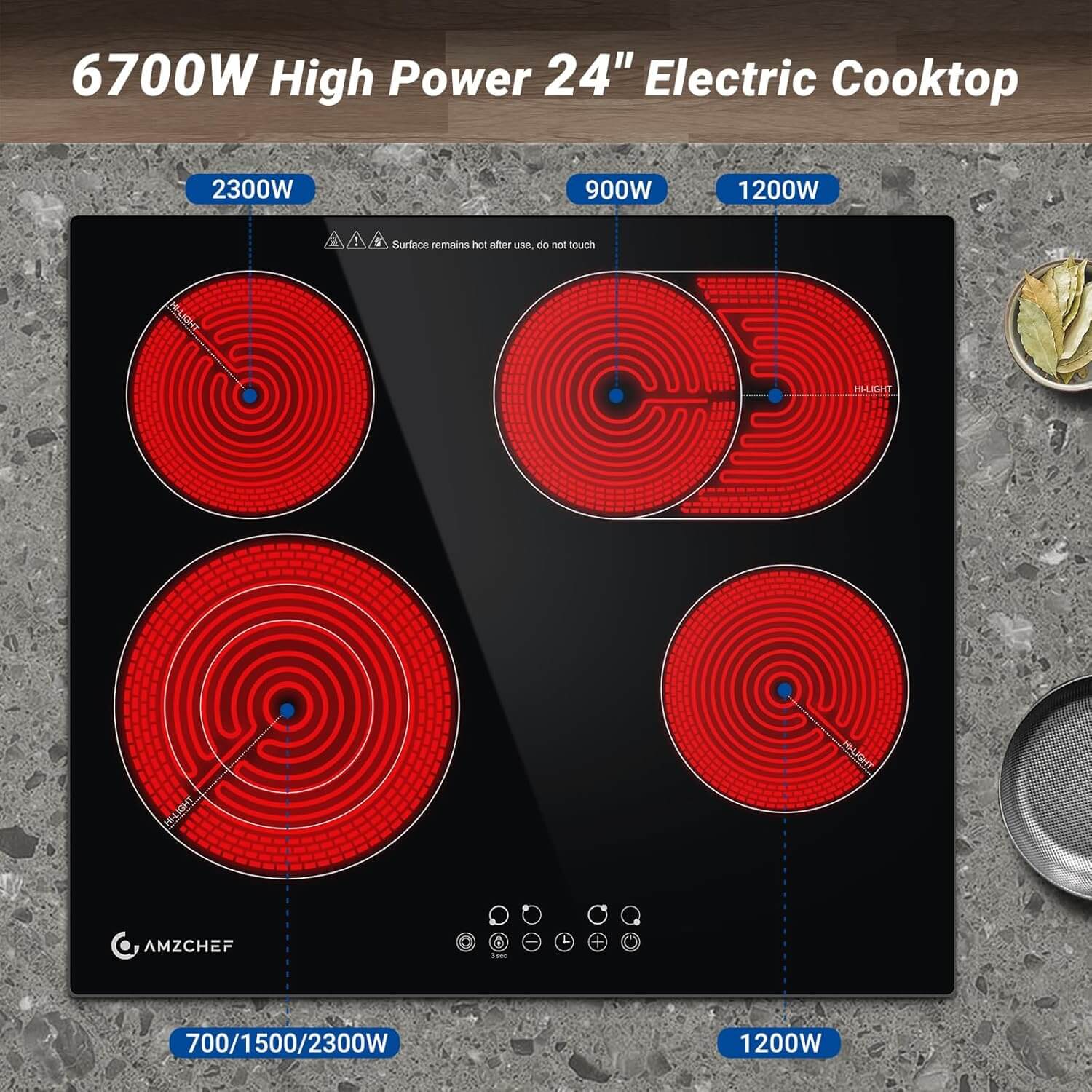 AMZCHEF Built-in Electric Ceramic Cooktop 4 High Power Burners 24 Inch 6700W 2