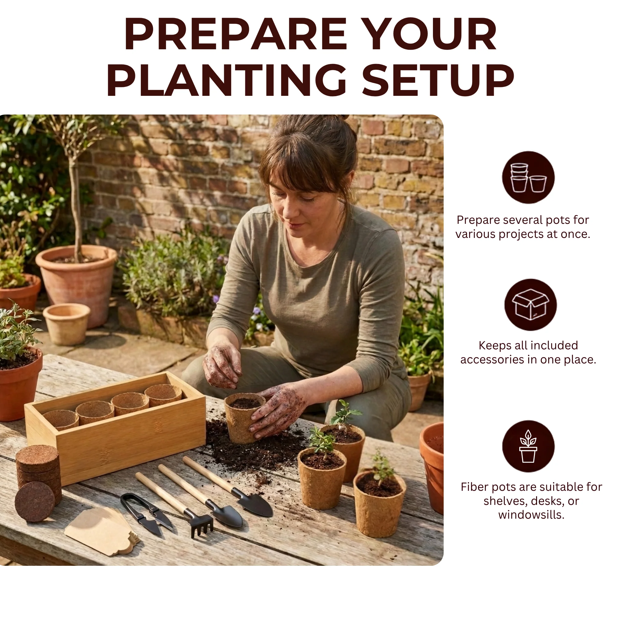 Bonsai Planting Starter Kit with Wooden Box and Garden Tools