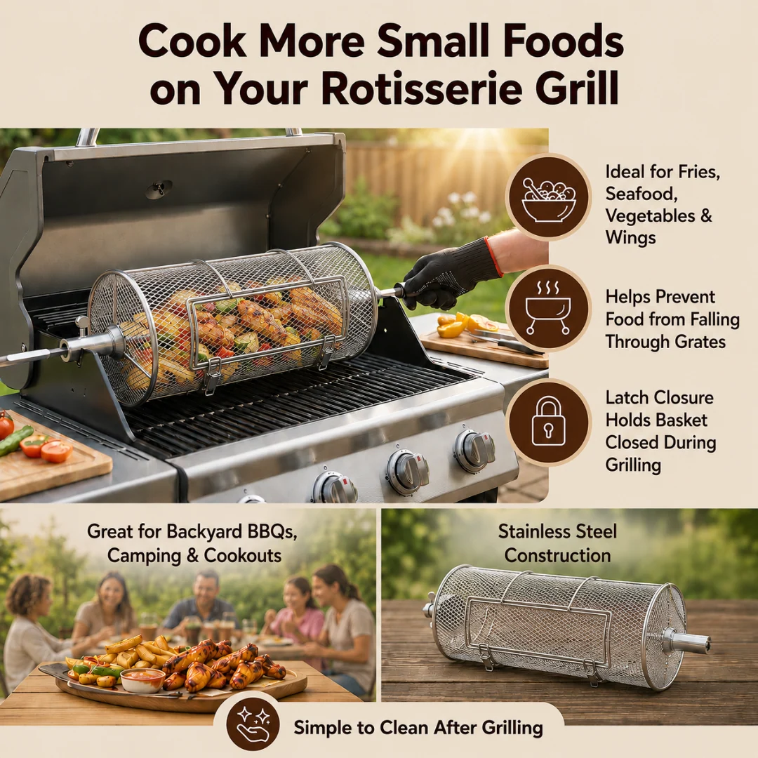 Universal Stainless Steel Rotisserie Grill Basket for Gas Grills