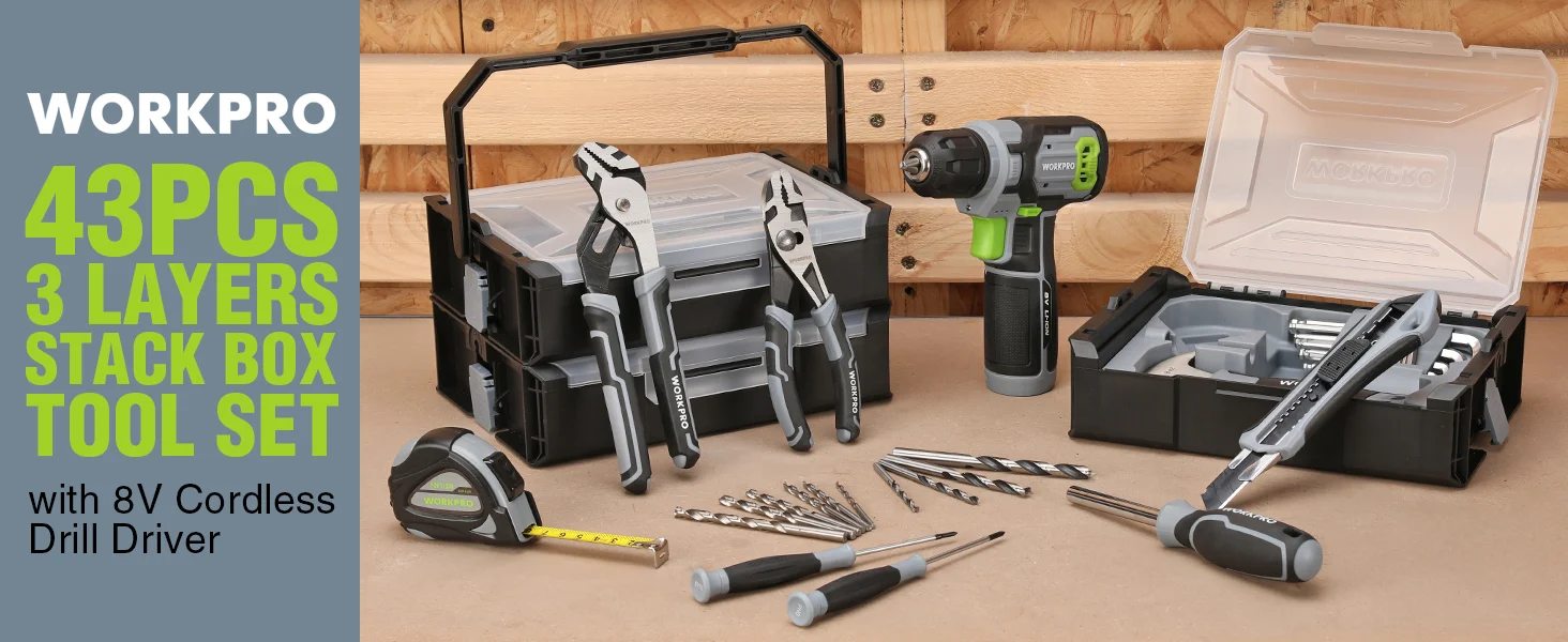 Tool set with drill driver, bits, and stacked cases on a wooden workbench, showing innovation and quality