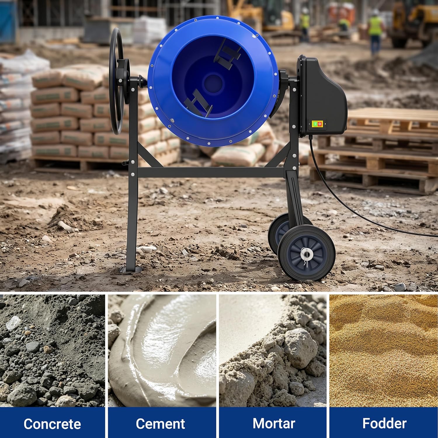 WORKPRO 4.6 Cu.Ft. Electric Cement Mixer, 600W 0.8HP Portable Concrete Mixer with Wheels & Stand Steel for Stucco, Mortar & Seeds - Image 8