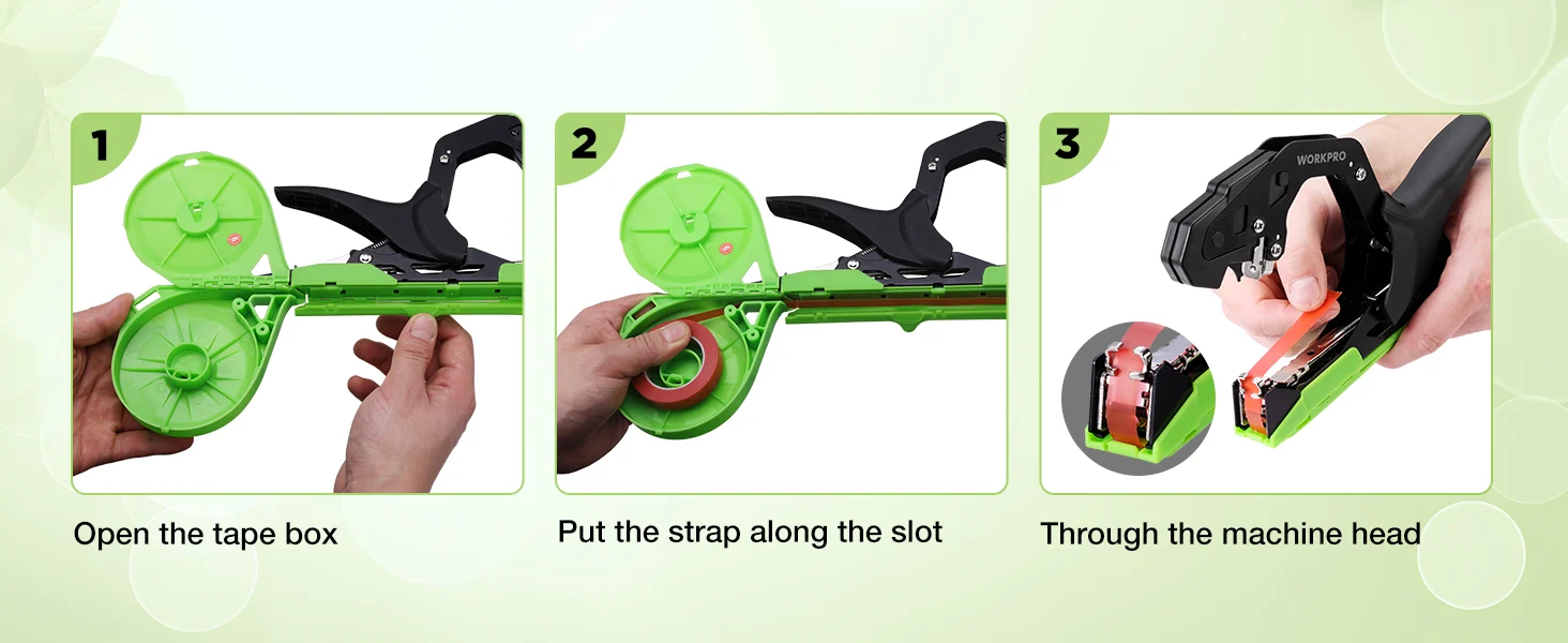 Tape dispenser steps show strap threaded through the machine head, with innovation and quality in green plastic