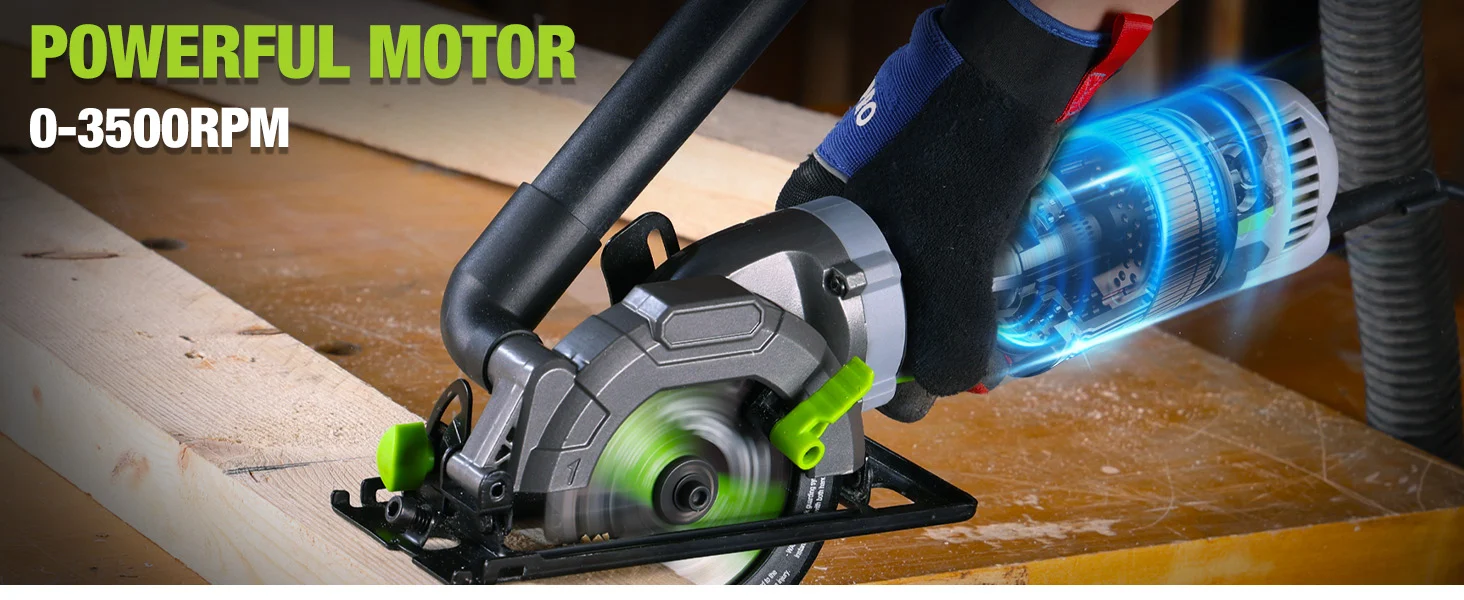 Power tool cutting wood with a spinning circular blade, innovation and quality shown in the motor glow