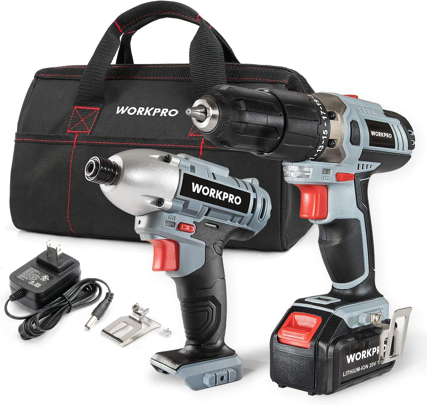 WORKPRO Cordless Drill Driver/Impact 20V Lithium Combo Kit(1.5Ah),1 Battery,Charger and Storage Bag Included