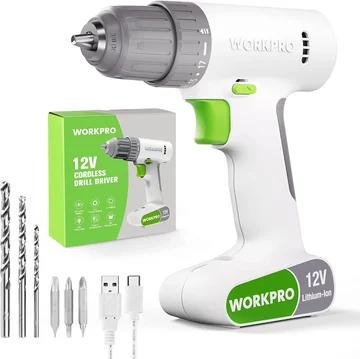 WORKPRO 12V Cordless Drill Driver Set with 6 Pcs Bits, 3/8-Inch Keyless Chuck, Variable Speed, 18 Touque Setting, White