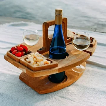 Portable Wooden Outdoor Table with Wine Holders - Easy Fold Design