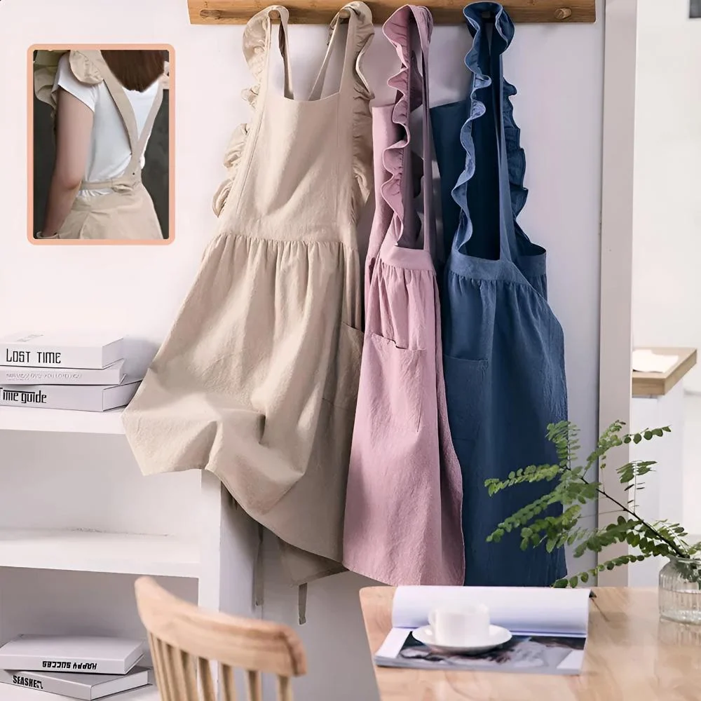 Apron Cotton-Linen Lotus Leaf Lace Two Pockets
