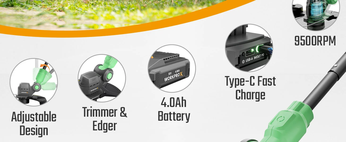 Power trimmer with green battery pack and close up charging ports, showing innovation and quality in a 4.0Ah design