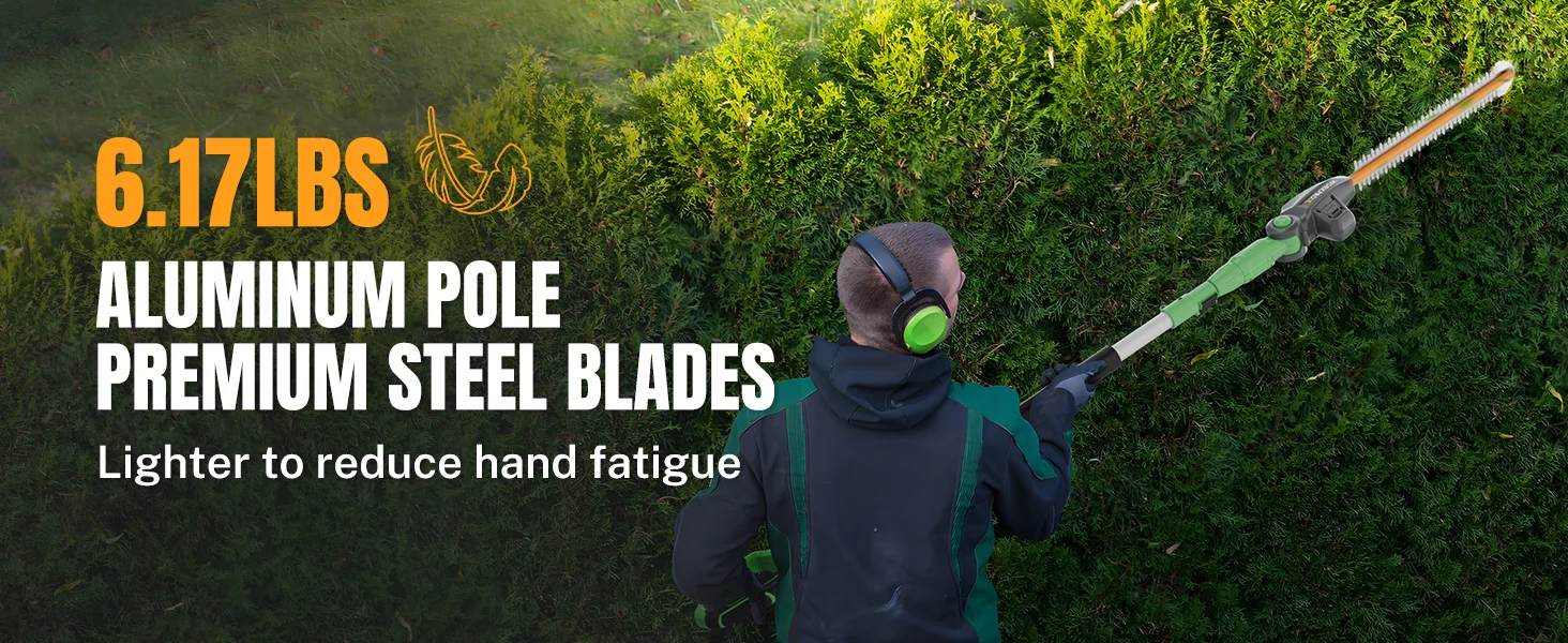 Garden trimmer with green handle and long shaft on grass, with innovation and quality shown in on screen text