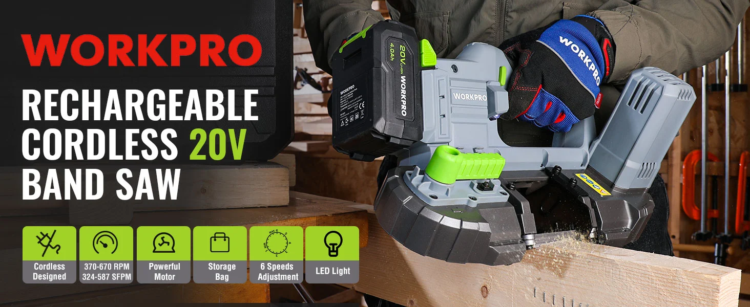 Cordless band saw with battery pack and LED light, cutting wood in a workshop with innovation and quality