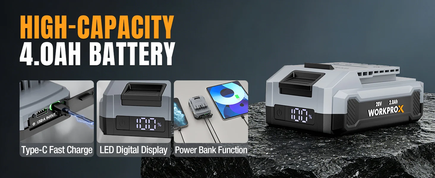 Portable battery pack with high-capacity, LED digital display, and Type C fast charge features