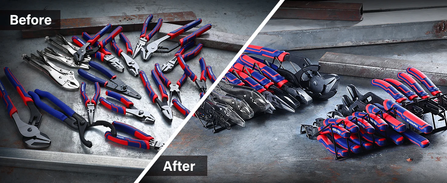 Tool set before and after, with red and blue handles, showing innovation and quality in neatly arranged wrenches