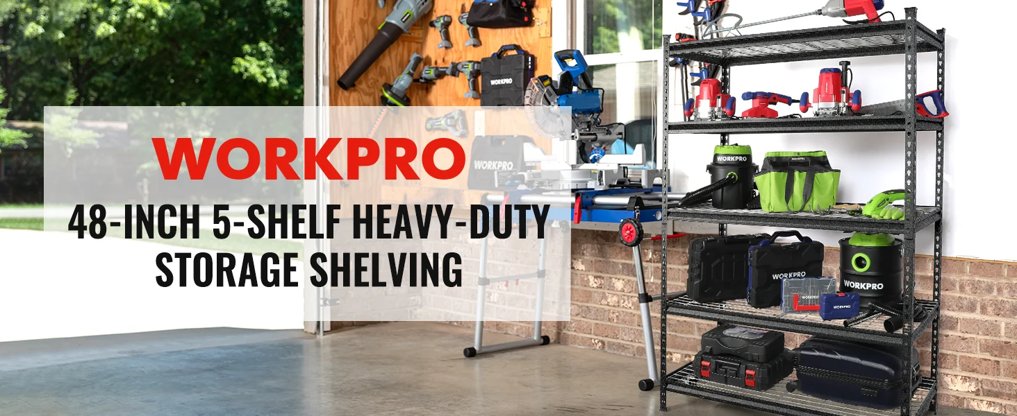 Metal storage shelving with tools and boxes in a workshop, showing innovation and quality with durable organization