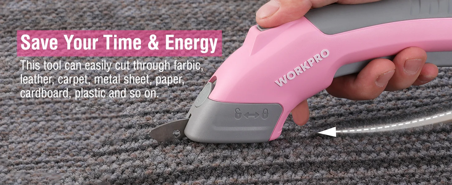 Hand holding a pink Workpro tool cutting carpet fibers, with innovation and quality shown on screen text