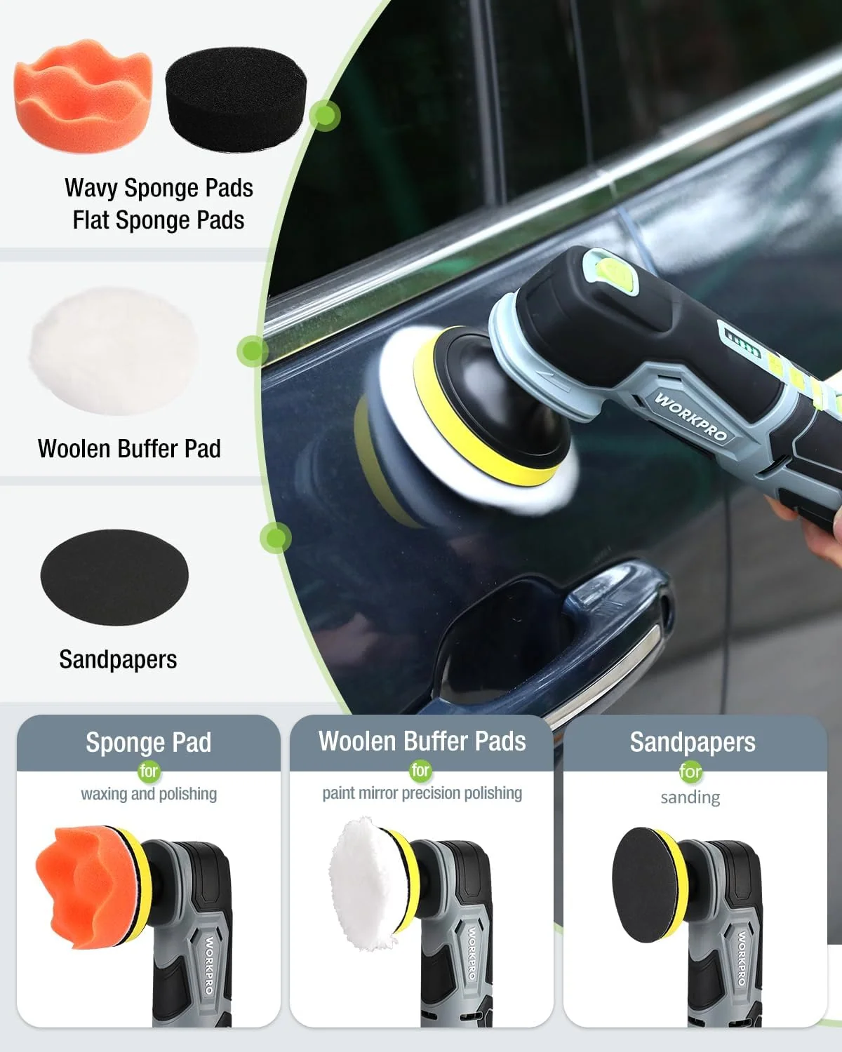 WORKPRO Cordless Mini Buffer Polisher, 12V Buffer Polisher for Car Detailing, 5 Variable Speed Up to 3000RPM, Compact Cordless Polisher Kit for Waxing, DIY Projects, Furniture Polishing - Image 7