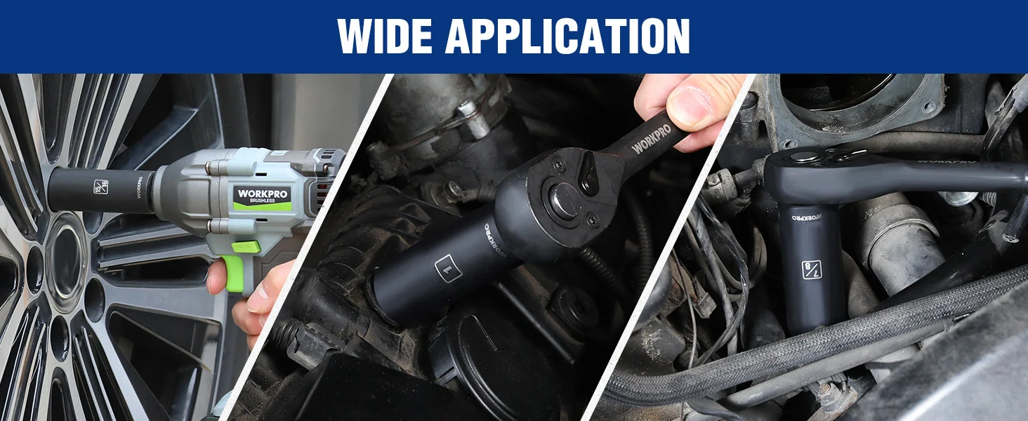 Wide application banner showing a hand using a power tool and an engine bay with hoses and wiring