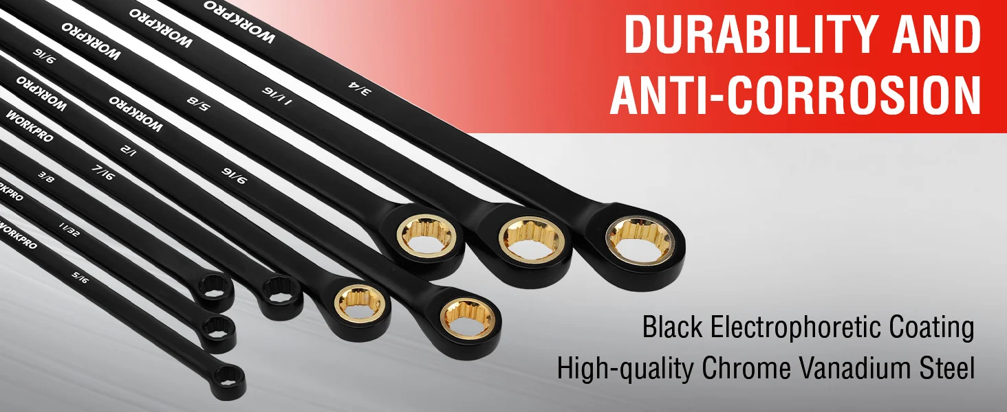 Set of black wrenches with gold sockets, shown with innovation and high-quality chrome vanadium steel