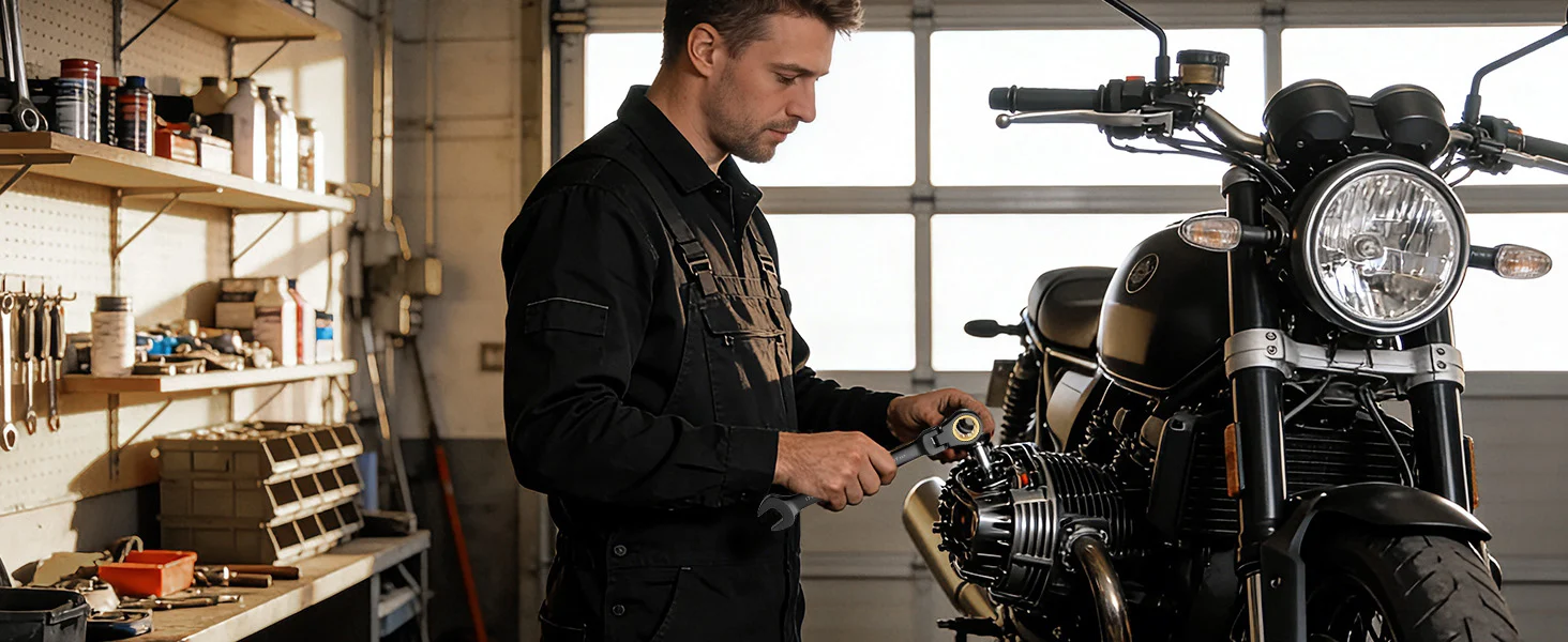 Mechanic in a workshop tightening a motorcycle engine part, with innovation and quality shown in the scene