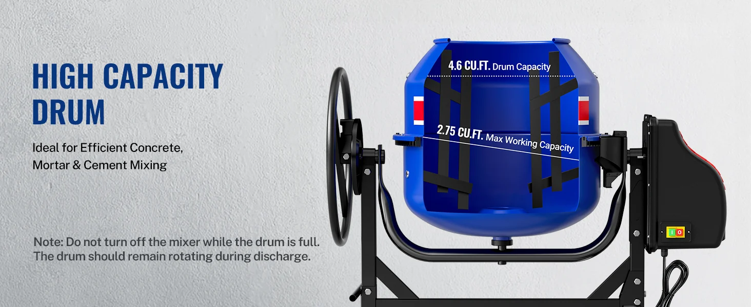 Concrete mixer drum with blue housing and labeled capacities, showing innovation, quality, and secure operation