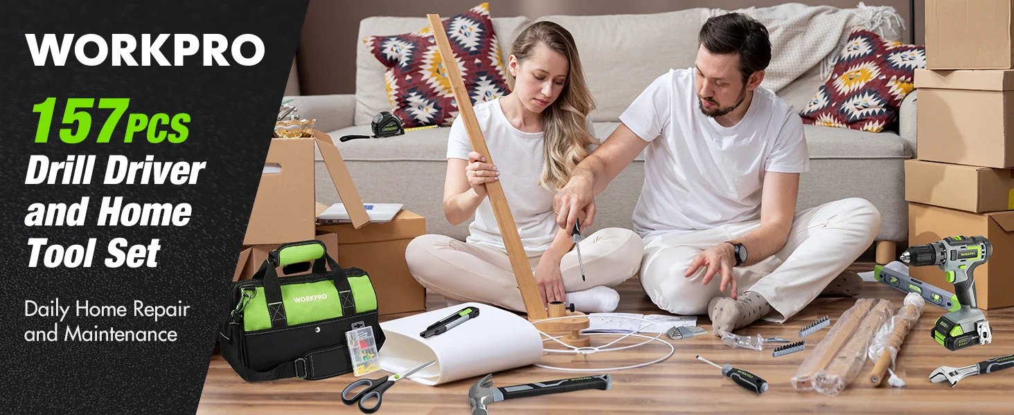 Home tool set scene with drill driver and parts, with innovation and quality tools on a living room floor