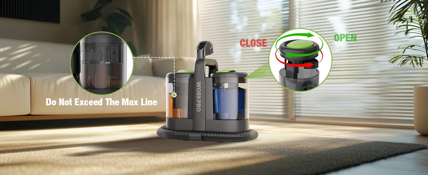 Robot vacuum charging dock on a living room carpet with innovation and quality labels and open close indicators