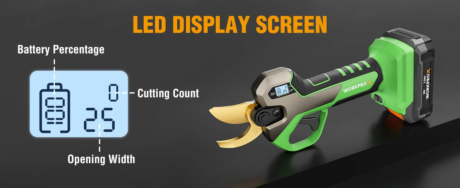Green cordless power tool with LED display screen showing battery percentage and cutting count, with innovation