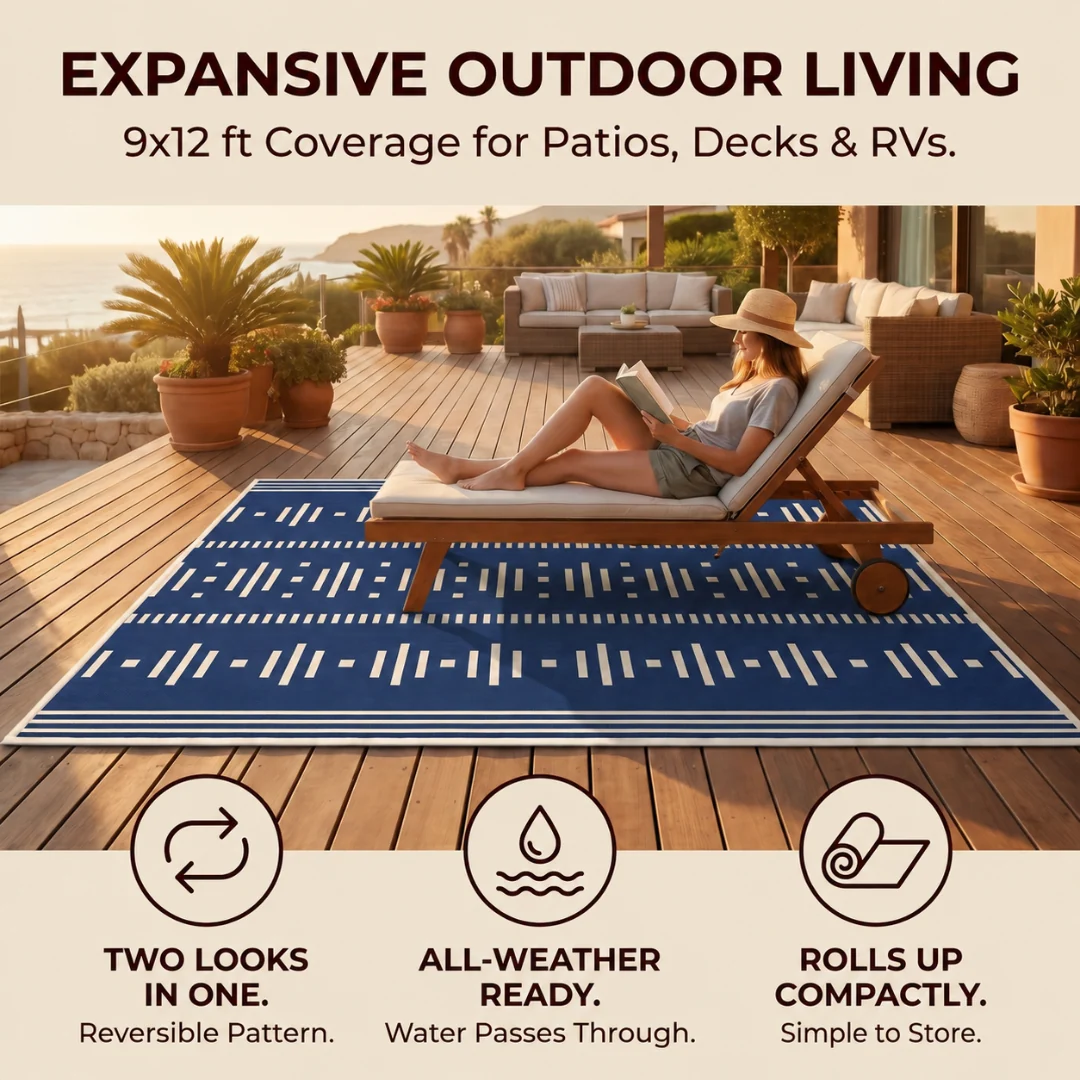 9x12 ft Reversible Polypropylene Outdoor Rug with UV Coating