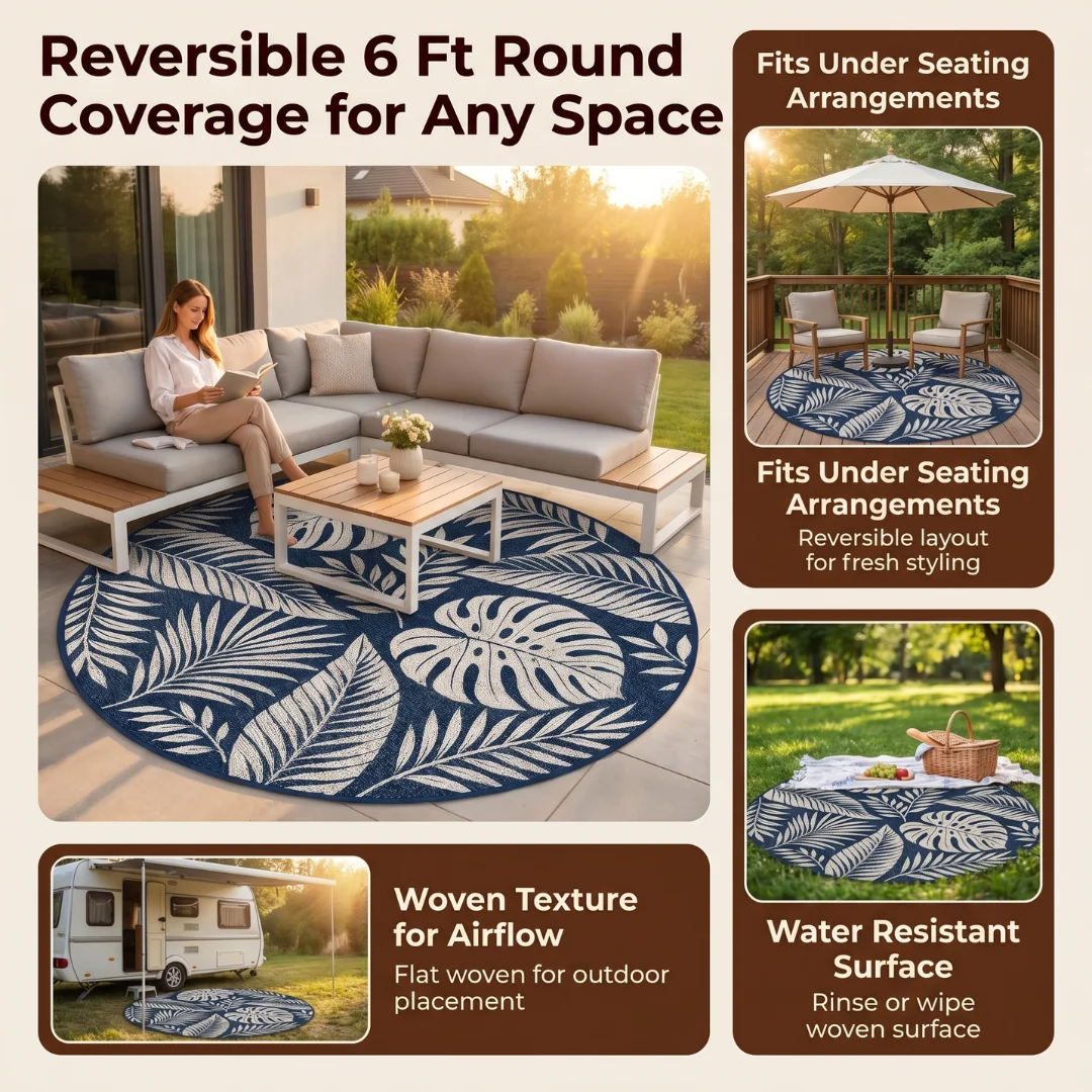 6 ft Round Reversible Polypropylene Patio Camping Rug with Stakes