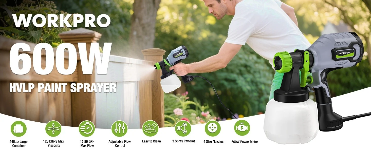 WorkPro HVLP paint sprayer in use outdoors, with innovation, quality, high-quality, durable, secure, convenient details