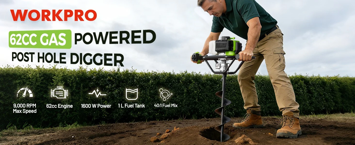 Man using a gas powered post hole digger in outdoor soil, with visible engine and power specifications