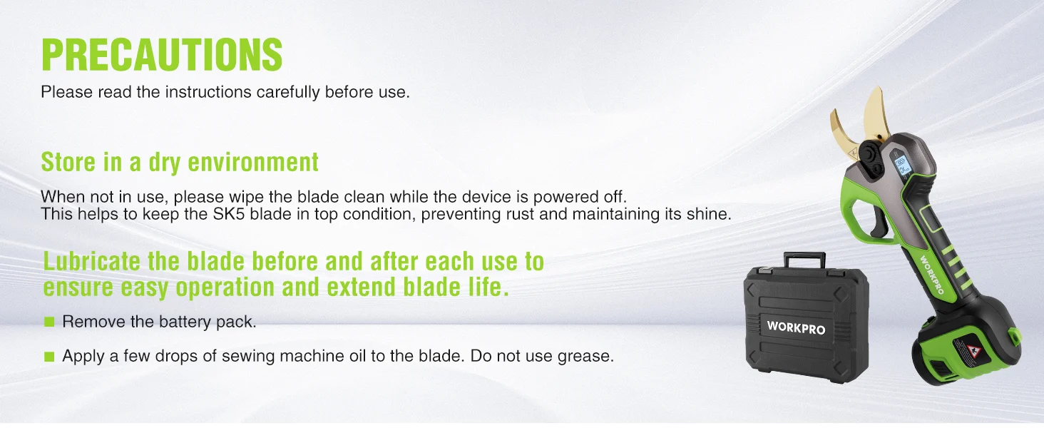 Safety precautions sheet showing a green and black cordless pruning tool and battery pack on a light background