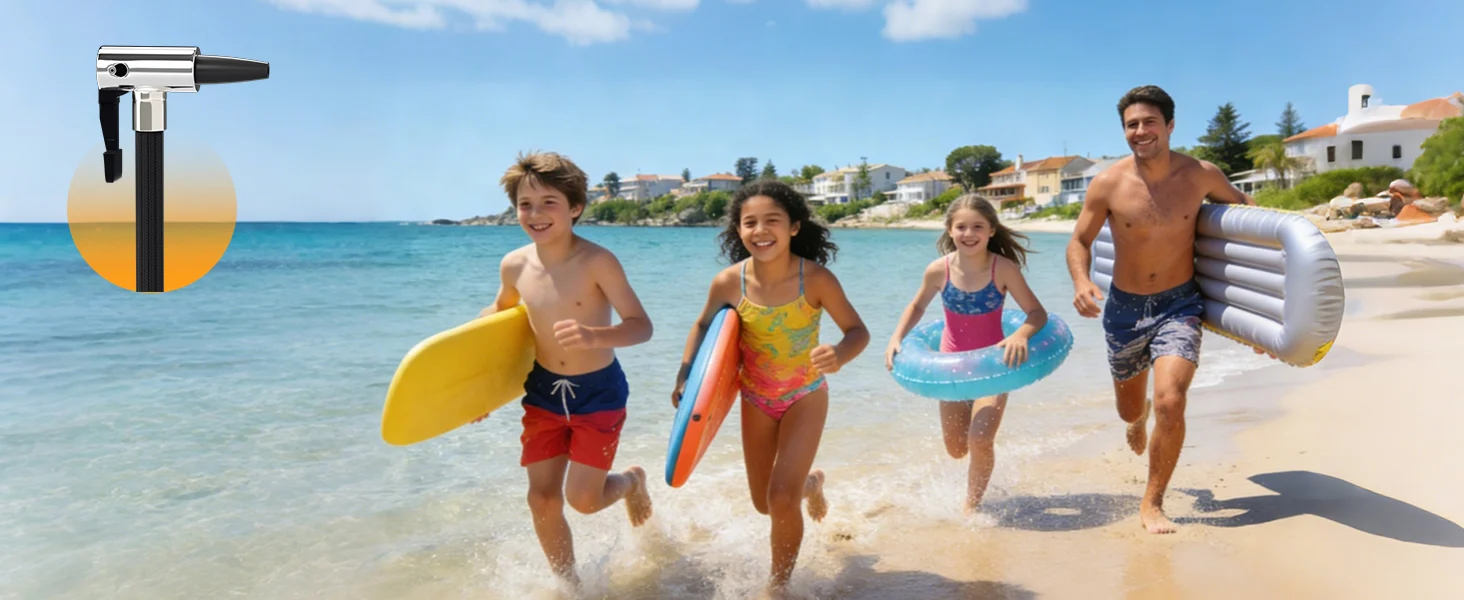 Family running on a sunny beach with surfboards and a hand held innovation device overlay in the sky.