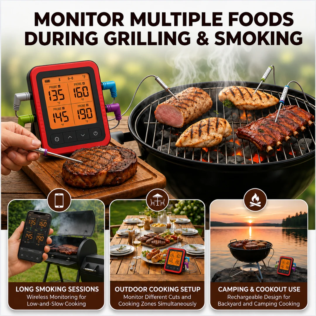 Bluetooth Meat Thermometer with 4 Probes for Grill and Smoker
