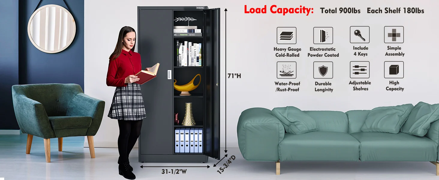 Floor standing metal storage cabinet beside a teal sofa, with load capacity and shelf weight labels