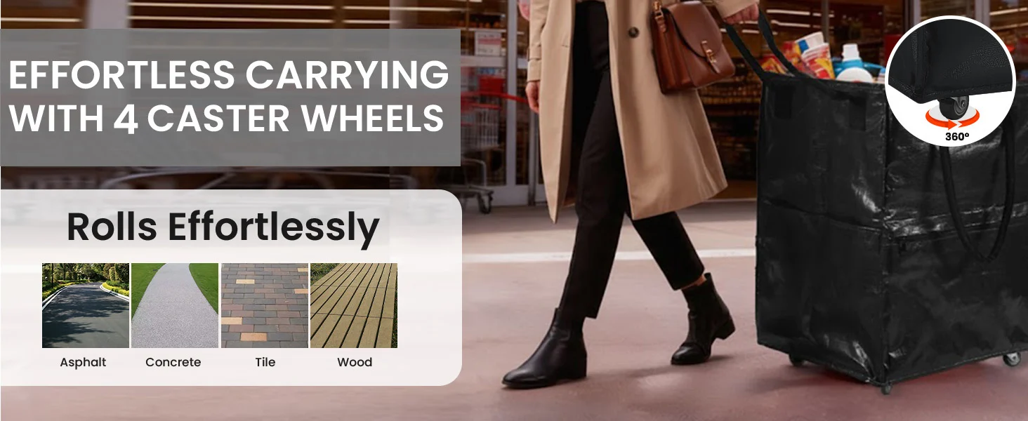 Shopping cart with 4 caster wheels, innovation and quality, shown in a store with a 360 degree view