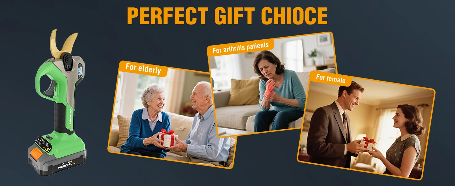Green cordless power tool with gift photos labeled for elderly, arthritis patients, and female, with quality innovation