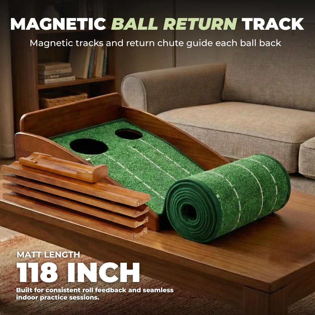 Indoor Golf Putting Mat with Wooden Base and Auto Ball Return