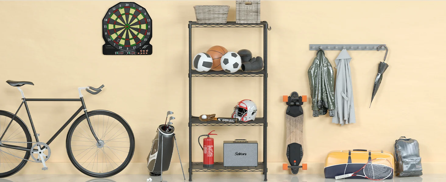 Sports gear display with a dartboard, soccer balls, helmets, and a bicycle, showing innovation and durable quality