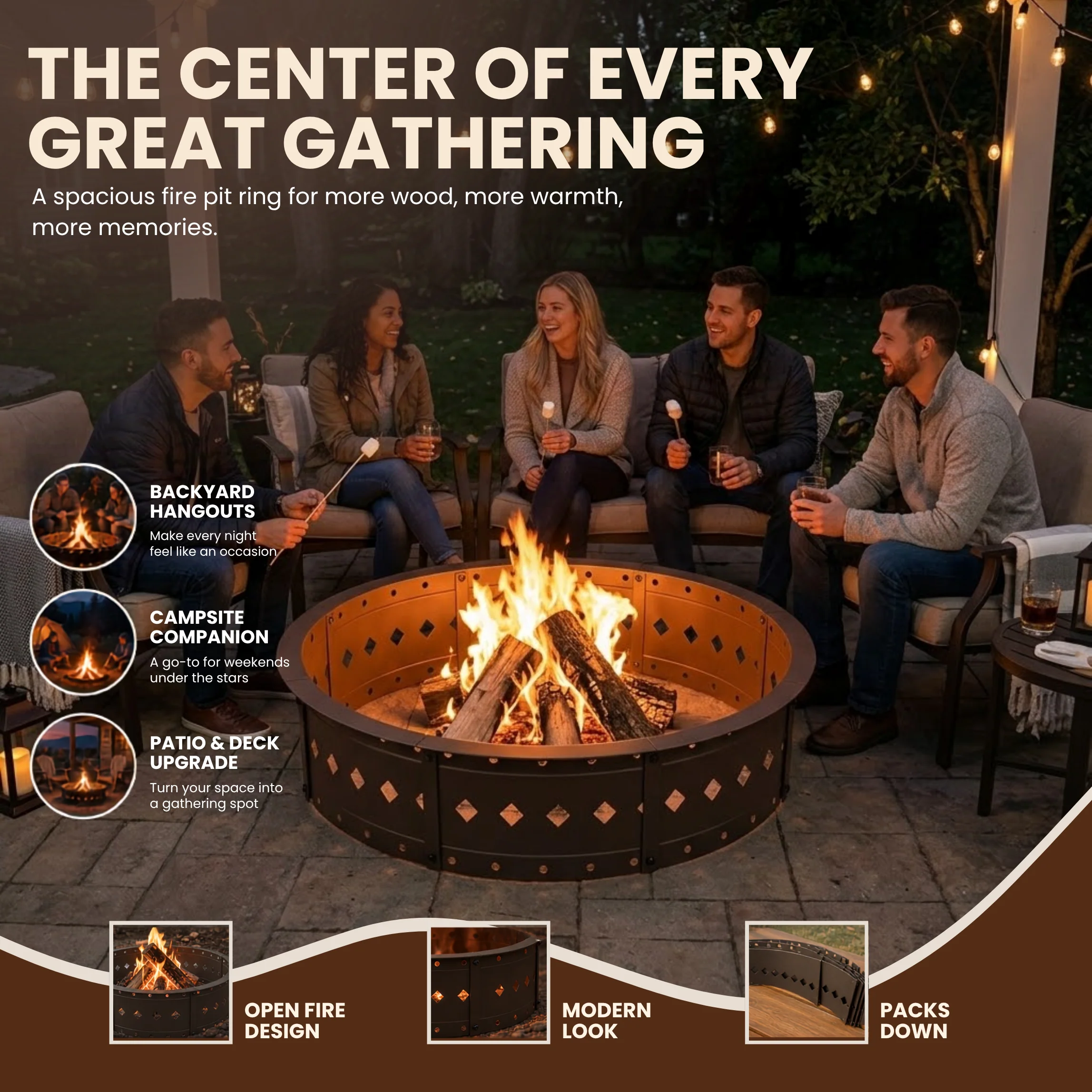 36 Inches Fire Pit Ring Steel Outdoor Wood Burning Fire Ring