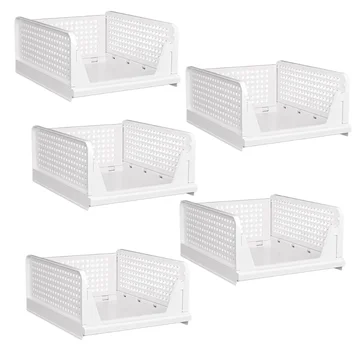 Set of 5 Foldable Storage Bins with Half Pull Rail for Closet Organization