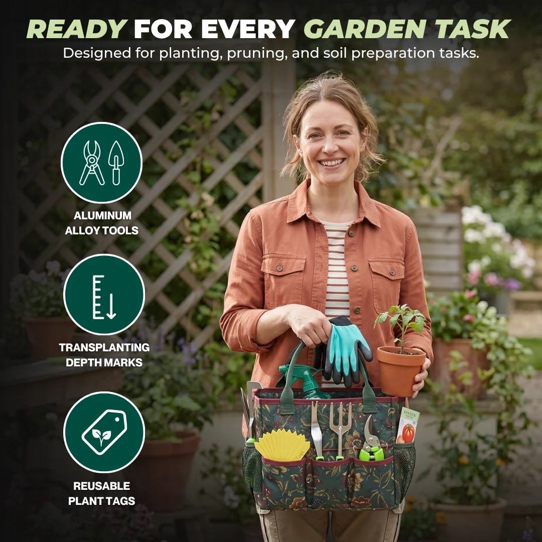 Gardening Tool Set with Storage Tote, Plant Tags, Gloves, and Sprayer